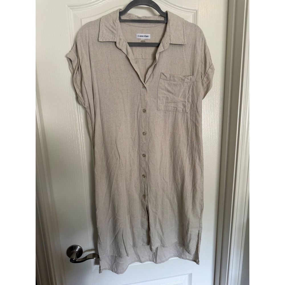 Calvin Klein Beige Shirt Dress Womens Linen Blend EUC 8